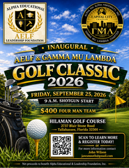 Inaugural AELF & Gamma Mu Lambda Golf Classic 2026 flyer. Friday, September 25, 2026 at Hilaman Golf Course, Tallahassee