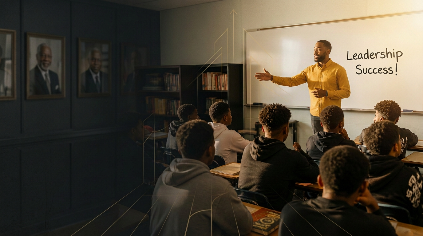 Young men learning from a mentor in an Alpha Educational and Leadership Foundation classroom