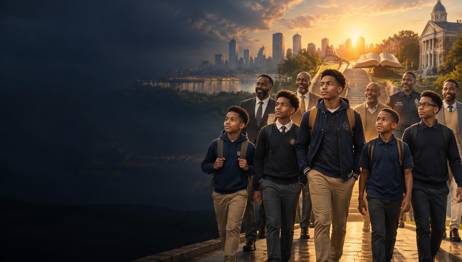 Young Black men walking toward a hopeful future with mentors and community protectors